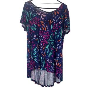 Cable & Gauge Floral Print Top XL Hi-Lo Button Back Short Sleeve Blouse